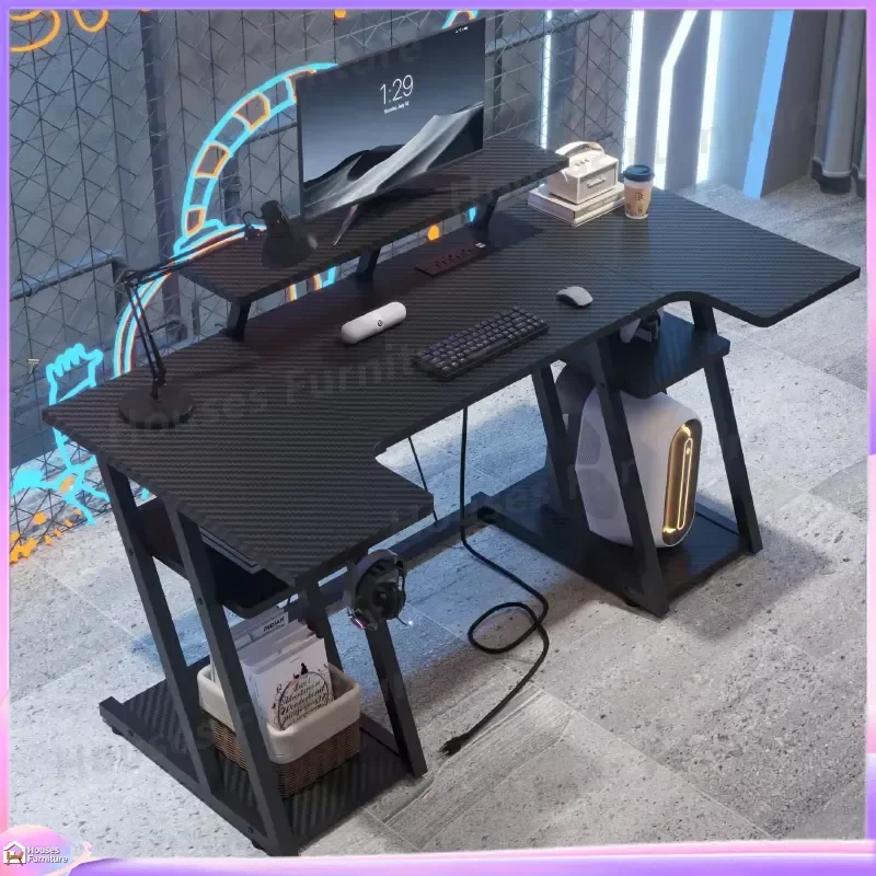 Modern U-Shaped Computer Desk with Built-in Power Socket USB Ports LED Lights Home Office Workstation Study Gaming Table with
