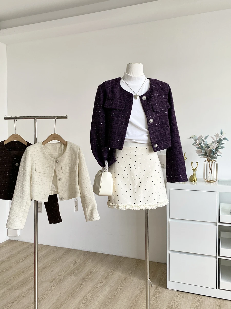 

Женская осенне-зимняя короткая твидовая куртка с круглым вырезом и длинными рукавами, женская элегантная однобортная однотонная твидовая верхняя одежда