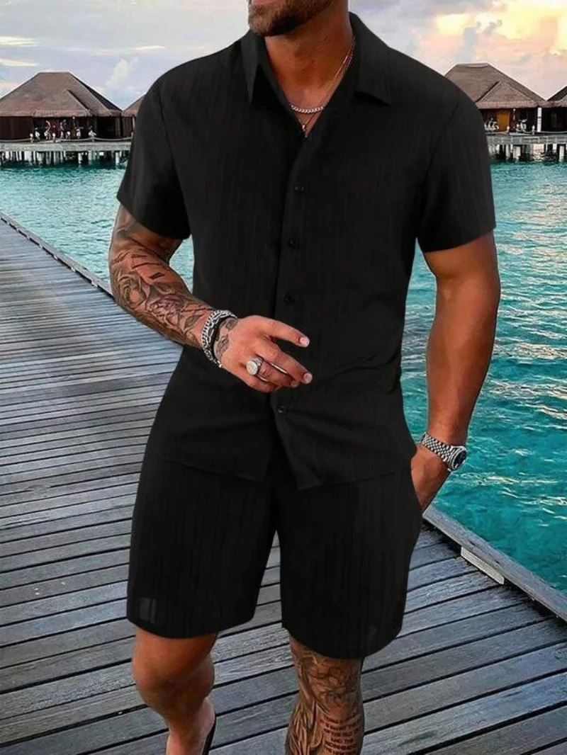 2024 new summer men\'s fashion beach wear outdoor sports casual shirt solid color loose short sleeve shorts beach two piece set