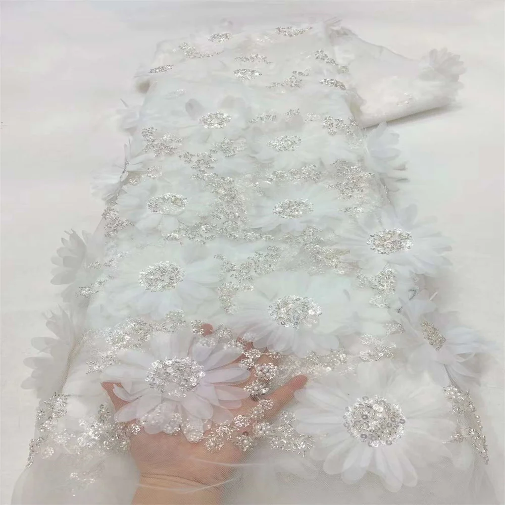 

2024New French Lace Fabric Nigerian Sequins Beads 3D Flower Wedding Party Africa Dress Hot Sale High Quality 5 Yards Bride Dress