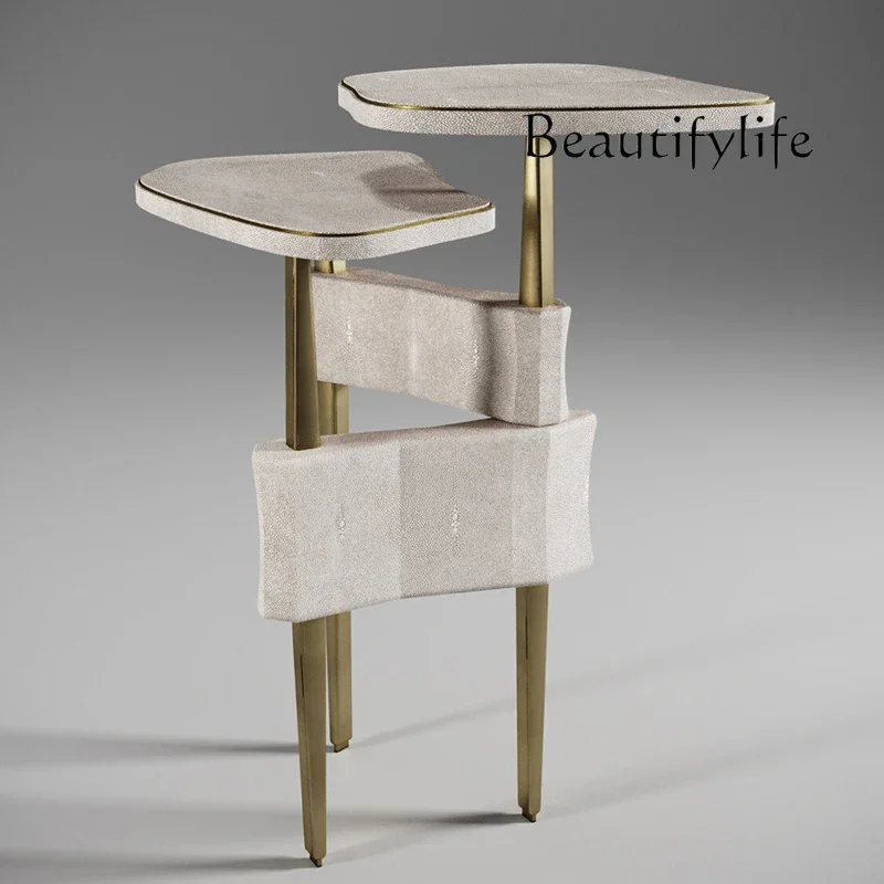 

ls 27Light luxury simple stainless steel edge table living room high-end leather small coffee table creative solid wood corner t