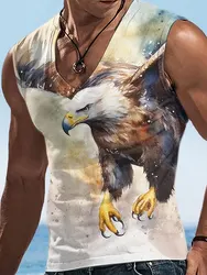 2024 New Summer Everyday Street Men's Tank Top Outdoor Beach Casual Men's Sleeveless T-shirt Eagle Print Men's V-neck Tank Top
