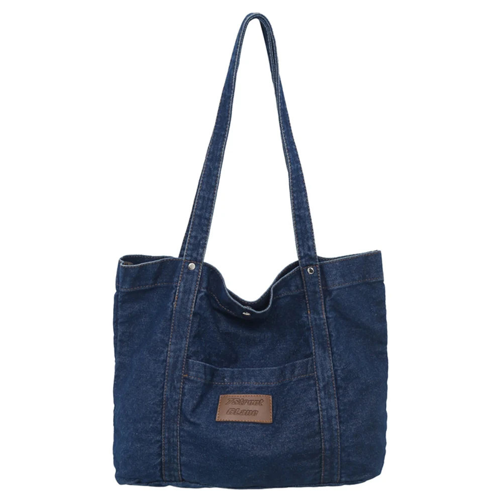 

Women Leisure Handbag Large Capacity Denim Square Grocery Bag Solid Color Female Daily Commute Bag
