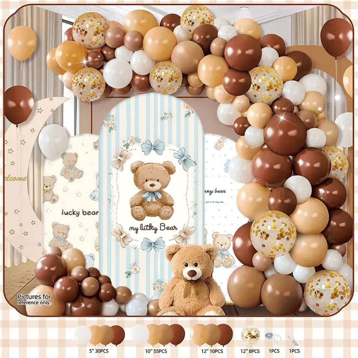 

LS Custom 2-Sided Lucky Bear Bow Floral Decoration Baby Shower Kids Birthday Cover Chiara Arch Wall Photo Backdrop