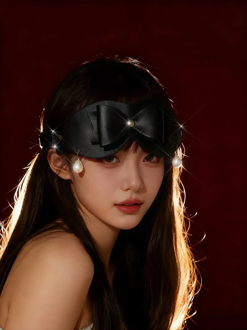 Black Faux Leather Blindfold with Pearl Bow, Cosplay Costume Eye Mask, Light Blocking Prop for Men Women Party Photography