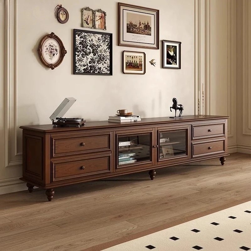 

American solid wood TV cabinet advanced retro medium and ancient style walnut light luxury floor TV
