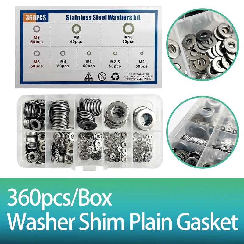 

360pcs/Box M2 M2.5 M3 M4 M5 M6 M8 M10 304 Stainless Steel Washer Set Adjusting Shim Plain Gasket Assortment Kit Box