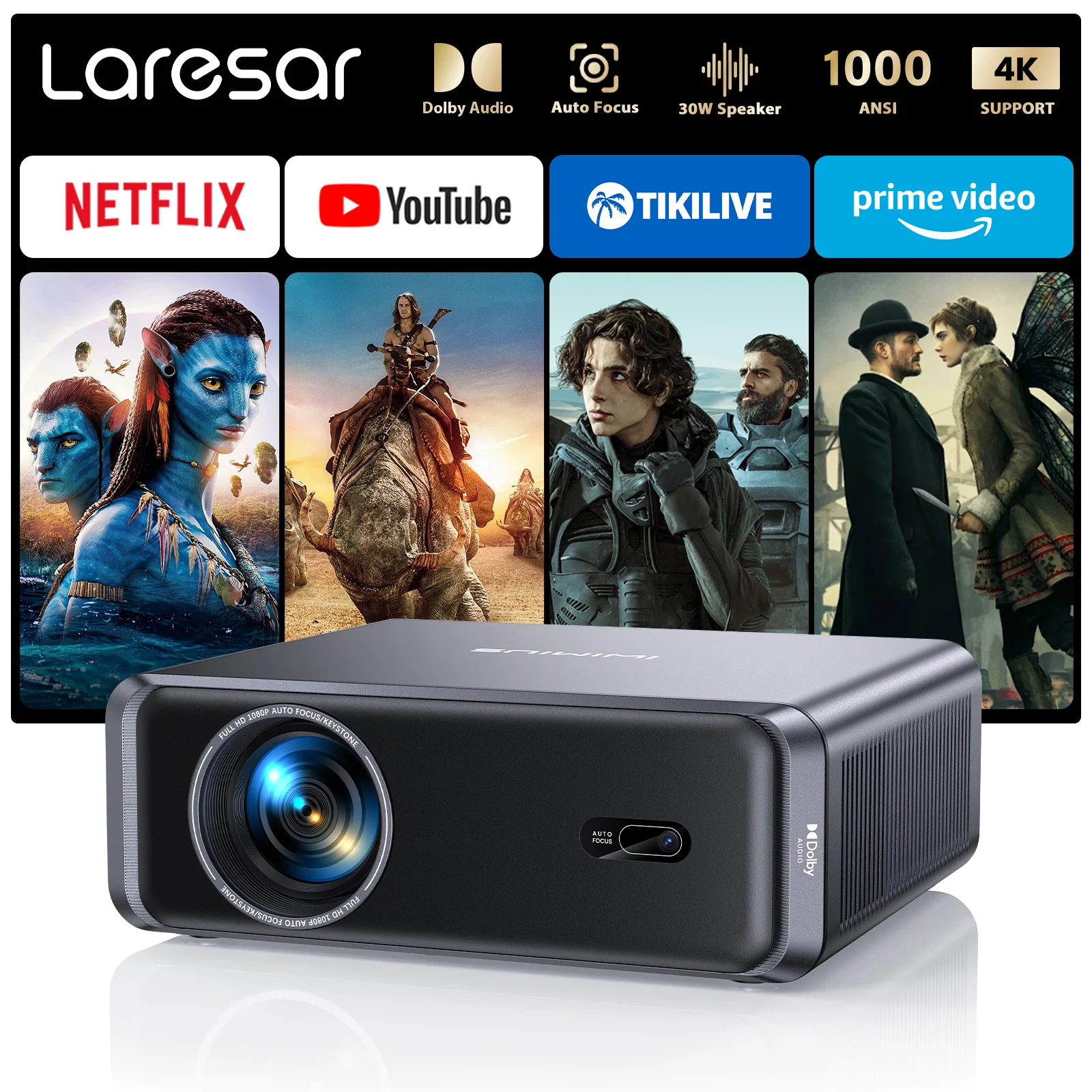 

Lareser A1 Projector 4K 1000ANSI Official Netflix Linux Native 1080P Auto Focus/Keystone Dolby Audio WiFi6 BT5.2 Home Theater