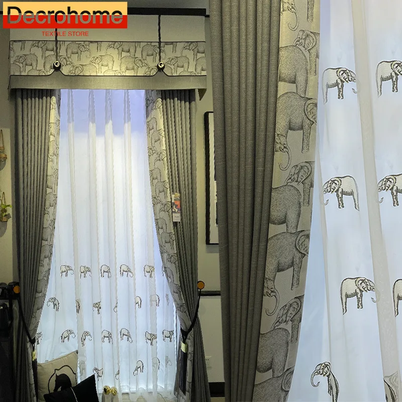 

American Elephant Print Stitching Thickened Blackout Curtains for Living Room Bedroom French Window Balcony Window Valance