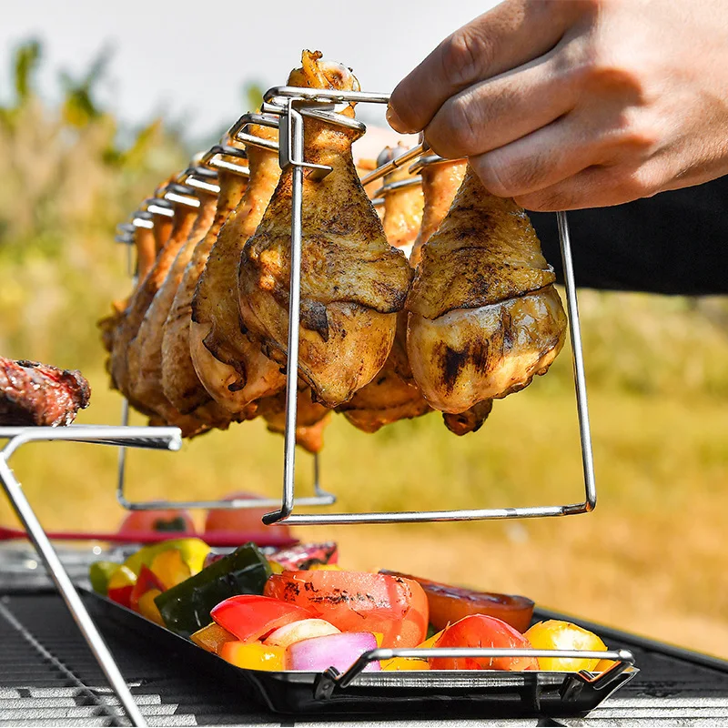 14スロットbbq牛肉鶏もも肉ウィンググリルラックステンレス鋼バーベキュードラムスティックホルダーオーブンロースタースタンド（ドリップパンツール付き）