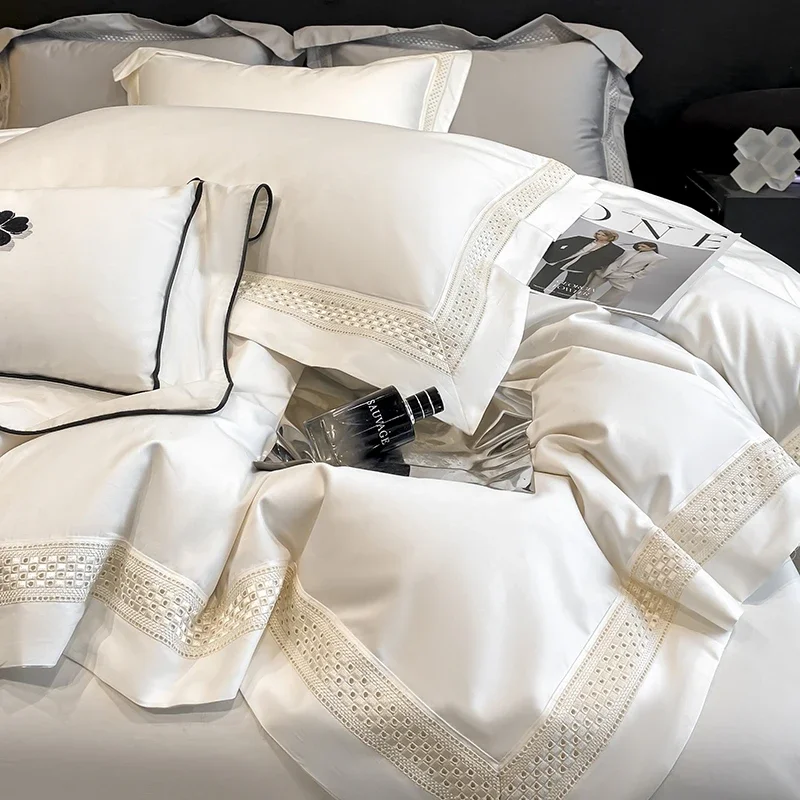 Egyptian Cotton Hollow Edge Luxury Bedding Set, White, Grey, Pink, Blue,1 Duvet Cover,2 Pillowcases,1 Flat Sheet Or Fitted Sheet
