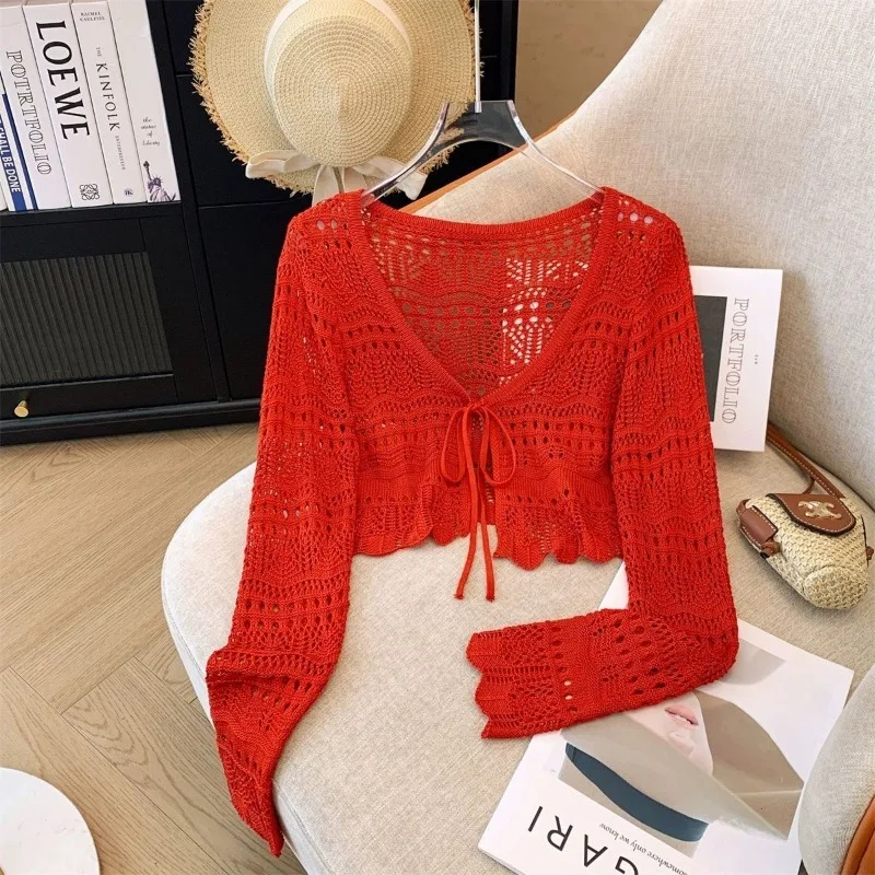 French Mori Girl Style Women\'s Hollow Out Crochet Sun Protection Commuter Knitted Cardigan Long-sleeved Sweet Short Top