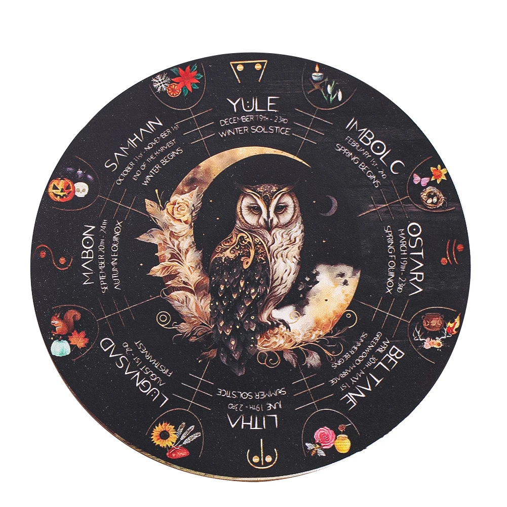 14.8cm Black Owl Round Wooden Board Energy Carved Crystal Display Healing Table Mat Yoga Meditation Wicca Altar Ritual Props