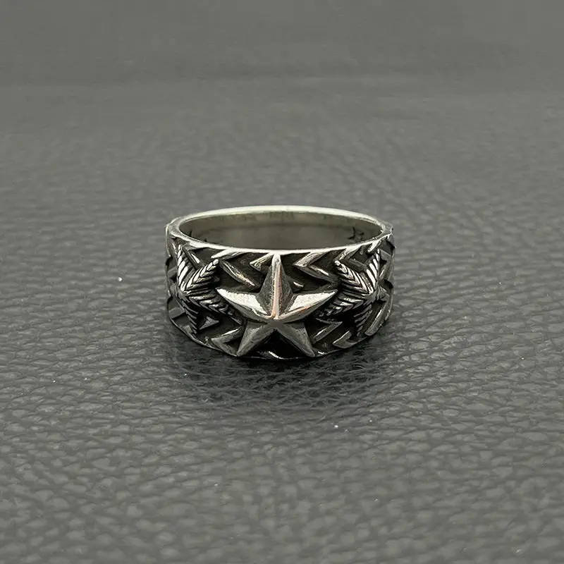 

S925 Sterling Silver Vintage Triple Star Ring Big Star Pentagram Ring