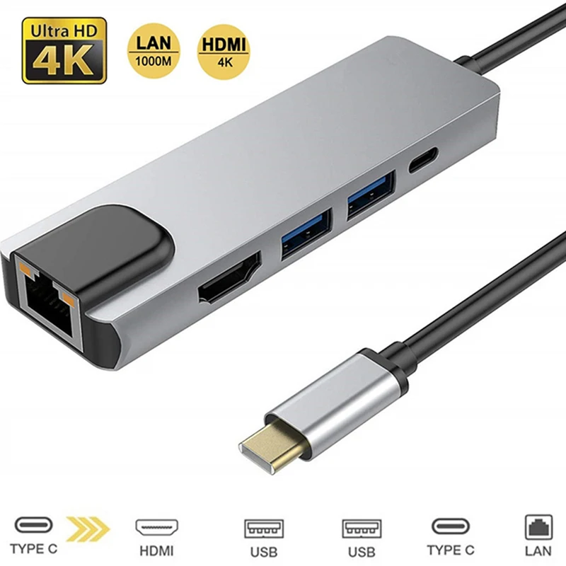 

5 in 1 USB C HUB USB C Adapter Dongle with 4K HDMI/VGA/Type C PD Charger/RJ45/ SD/TF Card Reader For MacBook iPad Samsung Huawei