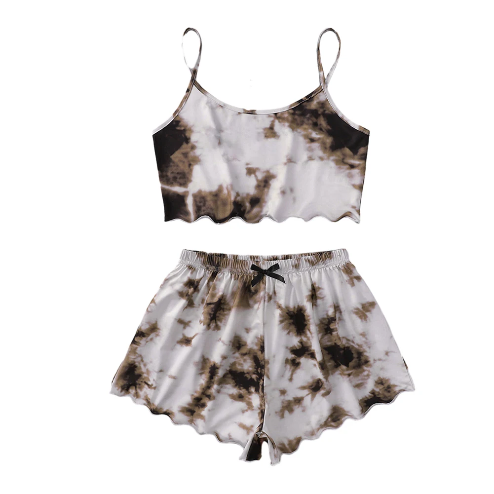 Women Summer Sleepwear Cute Tie-dye Print Nightwear Set Suspender Sleeveless Crop Tops Shorts Comfortable Pajamas 2pcs Outfit