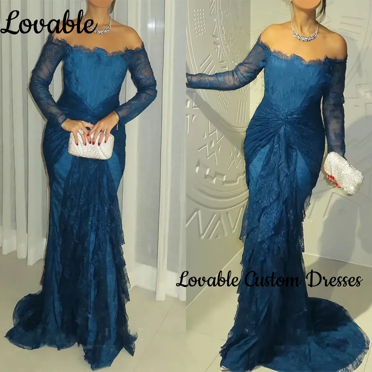 

Роскошные платья с длинными рукавами по индивидуальному заказу Вечерние элегантные платья русалки с открытыми плечами для женщин длиной до пола, кружевные рюши для выпускного вечера