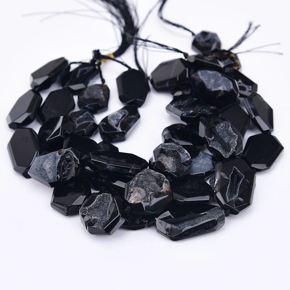 APDGG 22x34mm Natural Black Agate With Quartz Cutting Slice Pendant Loose Beads 16'' Jewelry DIY view 6