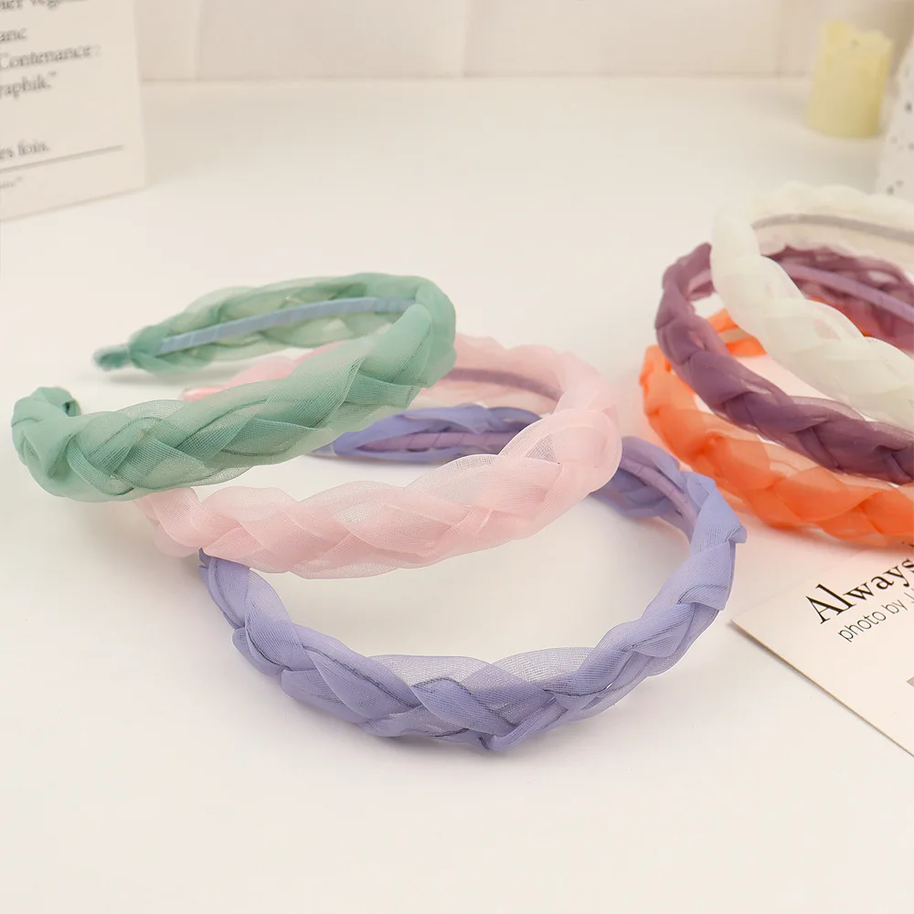 Fashion Spring Summer Braided Hairband Fairy Mesh Yarn Headband Solid Color Twist Hair Hoop Women Girls Simple Headwrap Turban