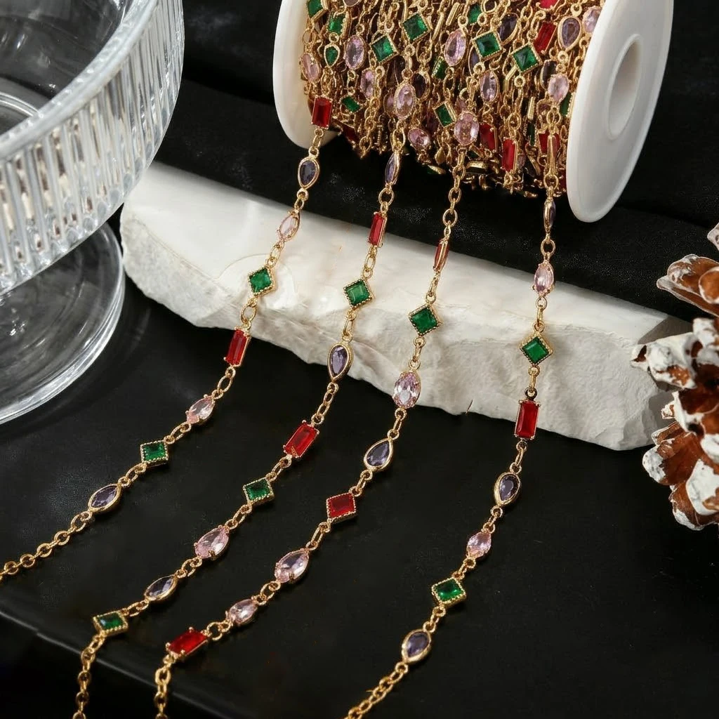 1 Meter/Lot Gemischte Farben Zirkon-Kristallperlen-Kette Kupferglieder für DIY Schmuckherstellung Halsketten Armbänder Zubehör Materialien – Detail 3