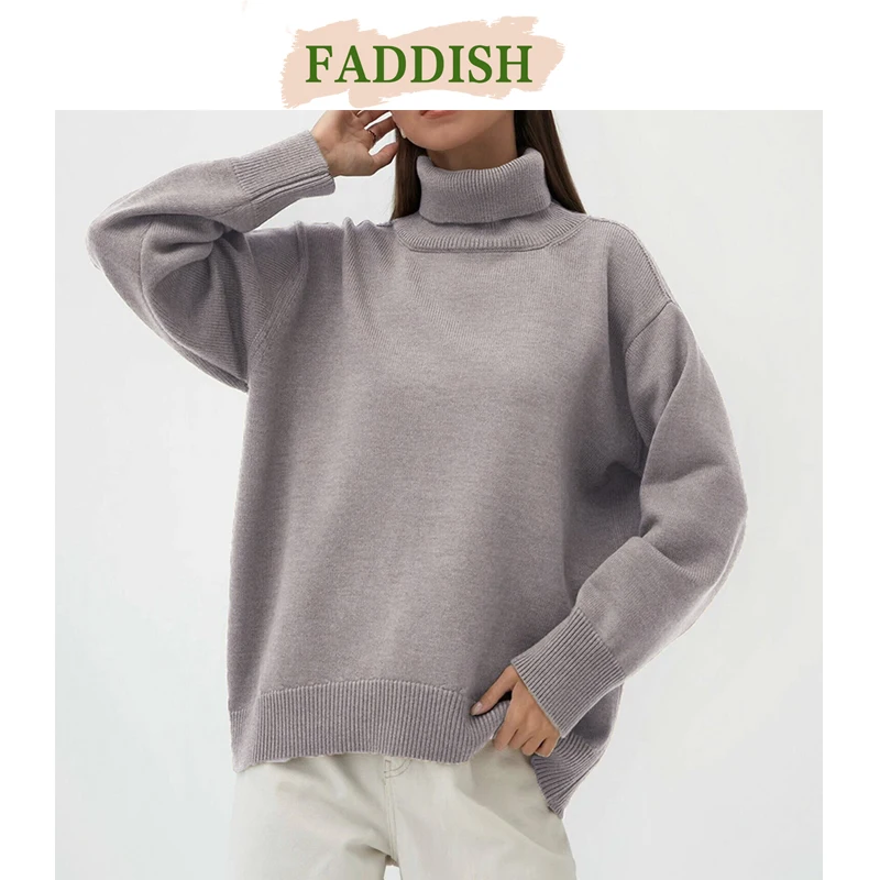 FADDISH 2024 Autumn Winter Women Fashion Loose Warm Turtleneck Knitted Sweater Female Solid Color Casual Long Sleeve Pullover