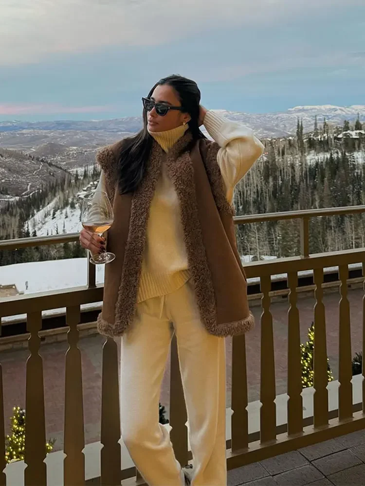 Chaleco grueso de retales de felpa para mujer, cárdigan sin mangas con cuello levantado, ropa de calle elegante, cálido, Otoño e Invierno