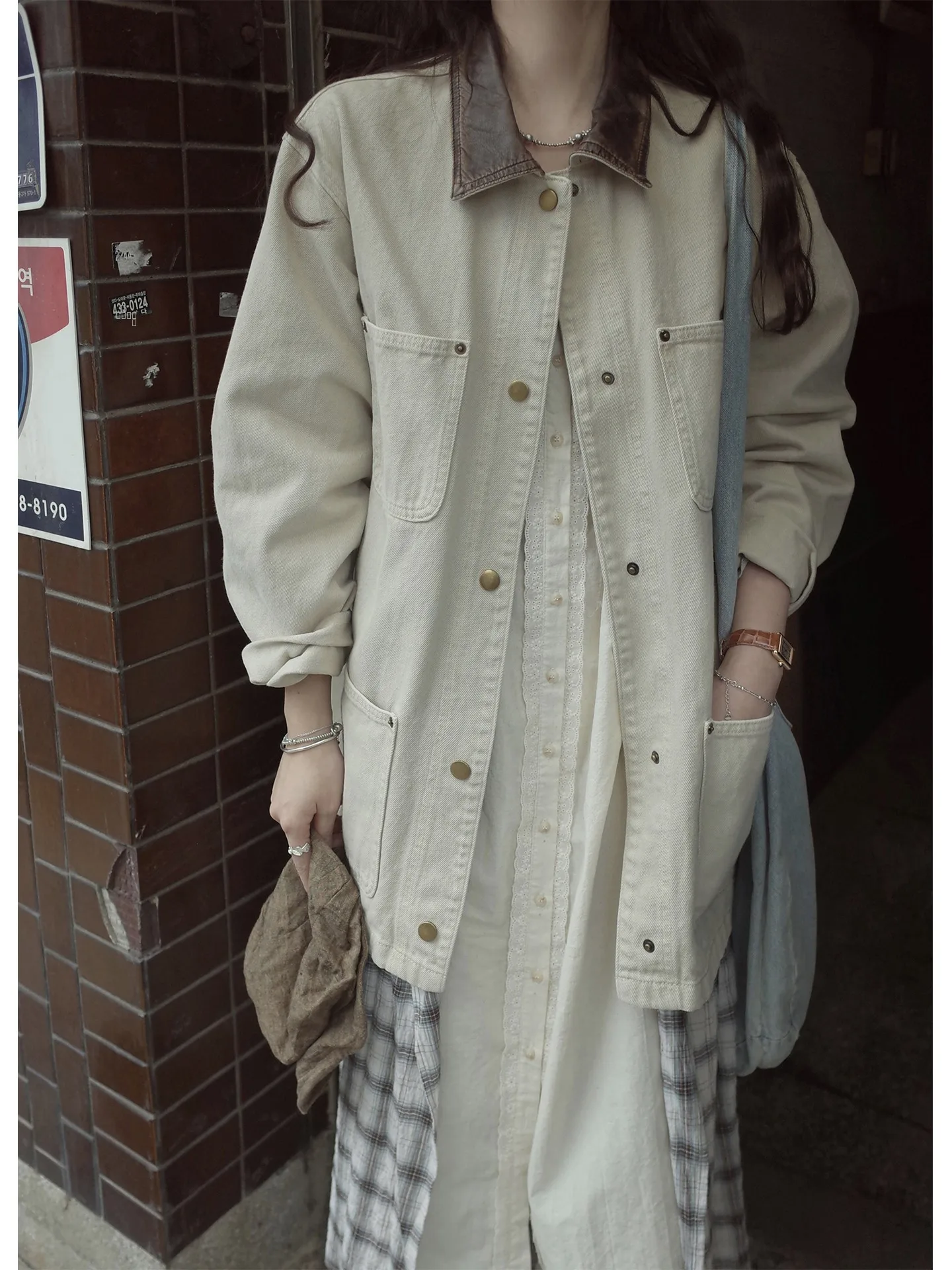 

JMWOMEN Barn Sle Waed Leather Collar Denim Jaet Women Loose Fit Retro Versatile Top Cotton Long Sve Button Closure