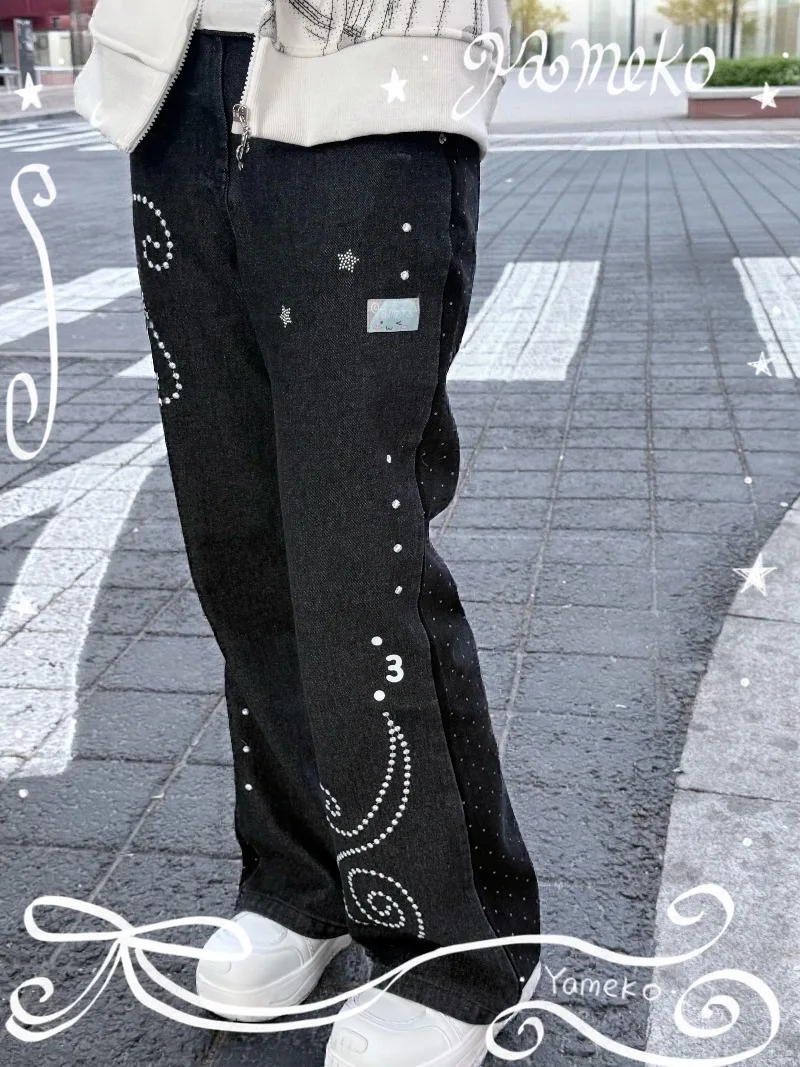 Japanese Rojita Style Original Music Note Polka Dot Flared Pants Heavy Embroidery Slim Fit Long Trousers Kawaii Clothes Female