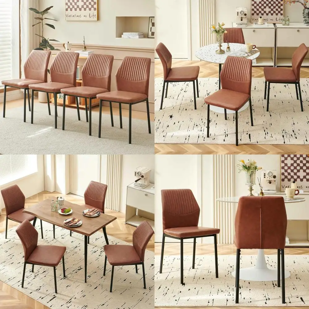 مجموعة كراسي تناول الطعام الحديثة في منتصف القرن مكونة من 4 قطع، جلد PU بني منجد، كراسي غرفة معيشة مريحة بأرجل معدنية