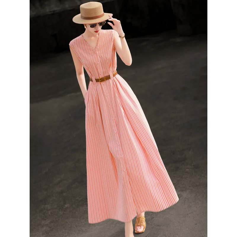 MEXCOCO 2026 Summer New Elegant French Commuter Sleeveless V-Neck Waist Slim Striped Tank Midi Dress