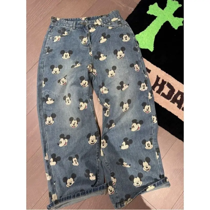 

Disney Mickey Korean Version New Jeans Cute Printed Water Washed Loose Straight Leg Pants Trendy Versatile Wide Leg Cowboy Pants