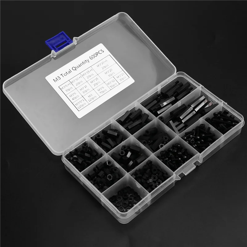 VEHO-Set completo di distanziatori in nylon da 600 pezzi - Viti distanziatrici M3 maschio e femmina per fissaggi dei circuiti stampati;