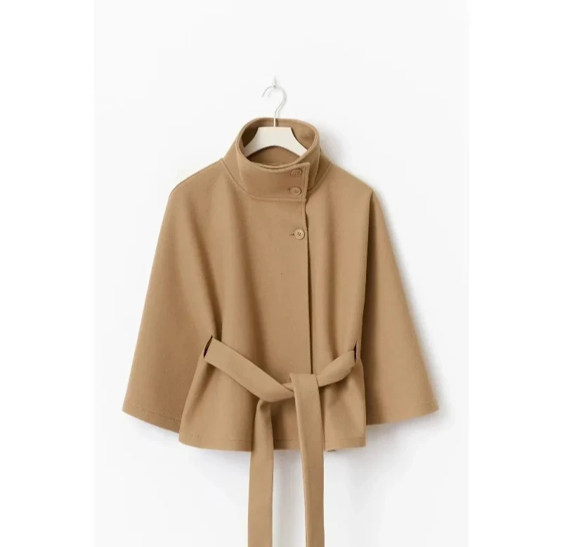 معاطف كيب قصيرة للنساء معاطف خليط الحزام للخريف والشتاء معاطف صلبة أنيقة عباءة سترة للسيدات #3