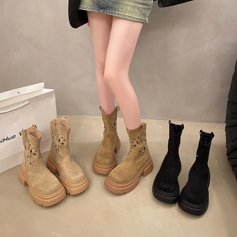 2024 New Cow Suede Leather Western Mid Calf Boots Women Round Toe Block Heels Autumn Winter Ankle Boots Ladies Shoes D102