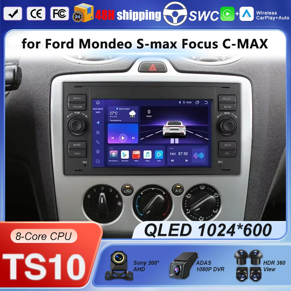 for Ford Mondeo S-max Focus C-MAX Galaxy Fiesta Transit Fusion Connect Kuga Car Radio Carplay GPS Navigation Android Auto Screen