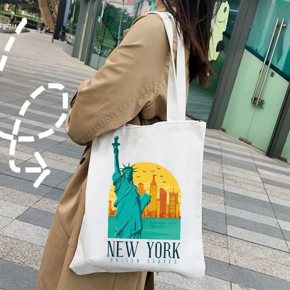 New York Statue of Liberty NYC Letter Starry Night Empire State Women\'s Handbags Shoulder Shopper Canvas Tote Female Bags Bolsas