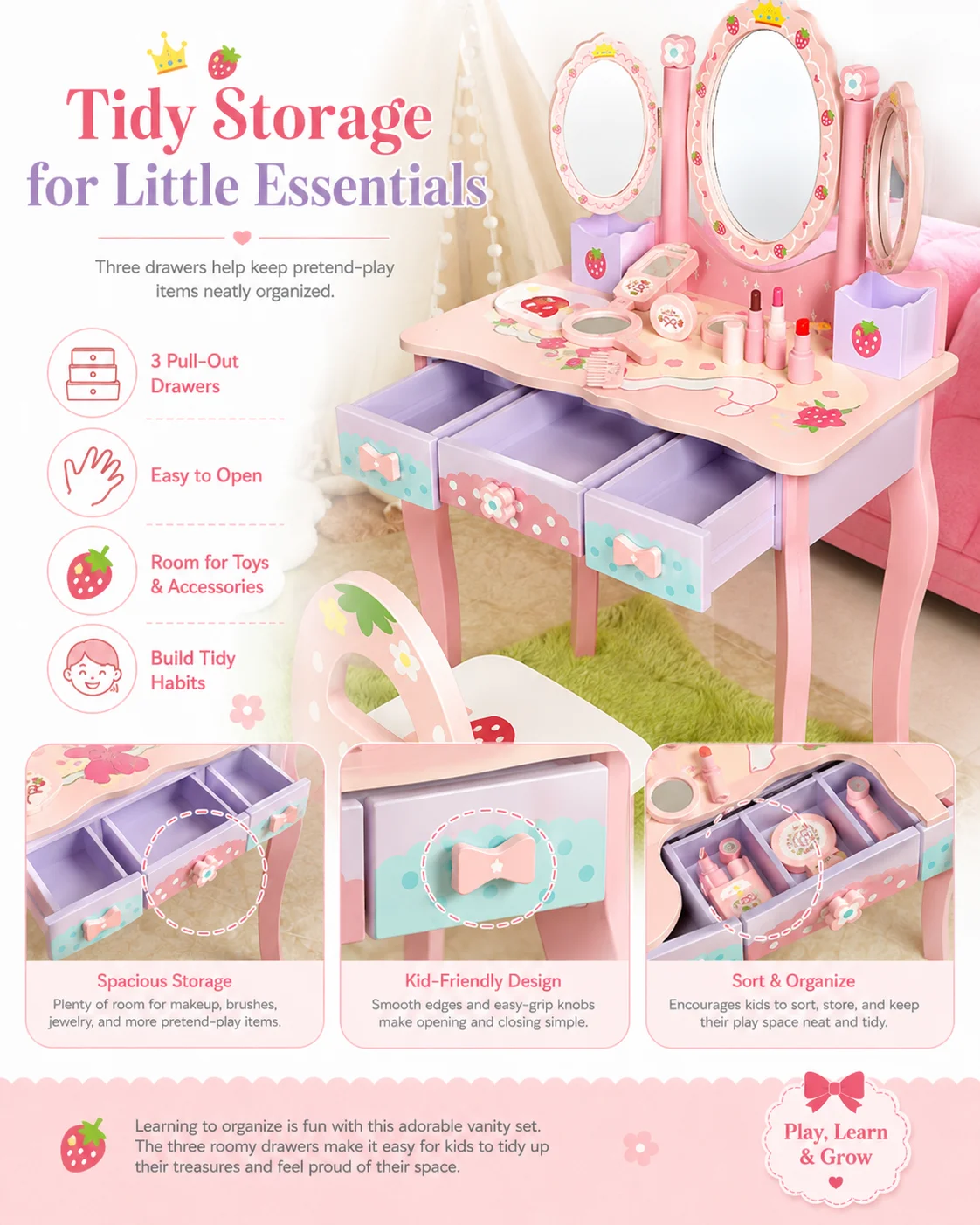 Kids Wooden Vanity Table Set with 3 Mirrors & Chair, Girls Pretend Play Dressing Table with Makeup Accessories