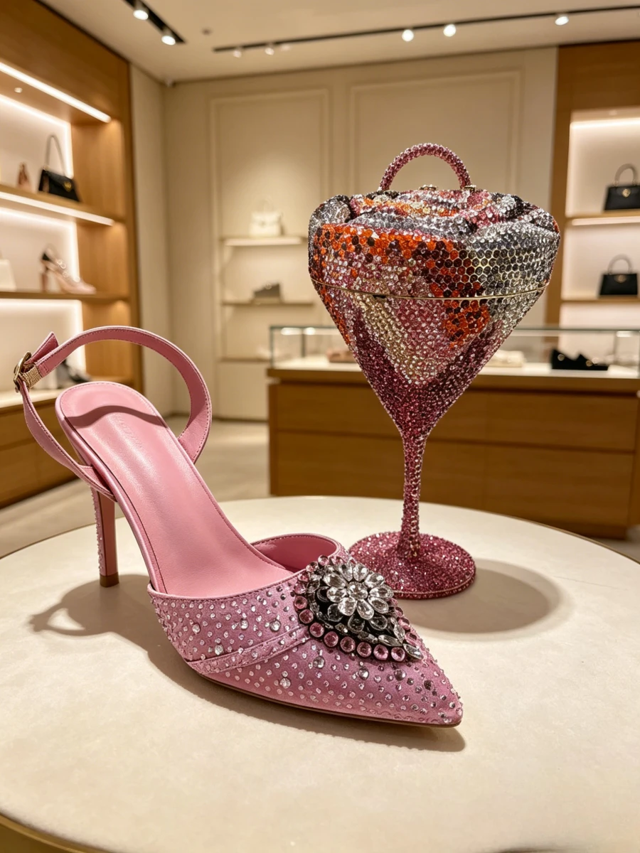 

Full Diamond Pointed Crystal Wedding Sandals & Bag Runway High Heels Fashion Shoes Party Evening Banquet Complete Set Chaussure