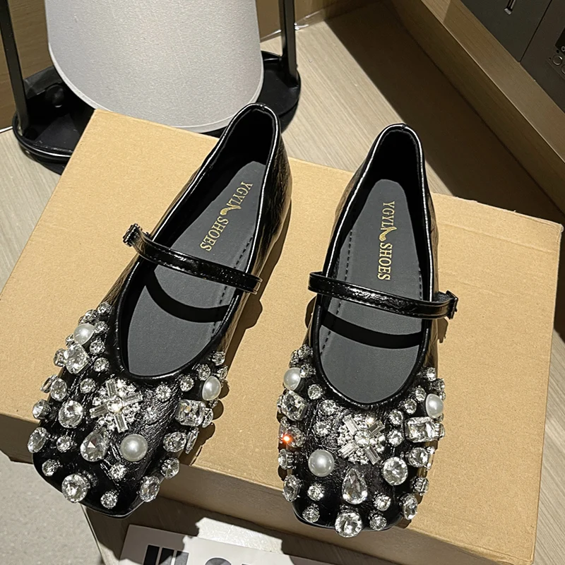 Crystal Bead Flats Women Mary Janes Shoes Luxury Shallow Designer Sandals Autumn 2024 New Shoes Dress Party Zapatillas Ladies