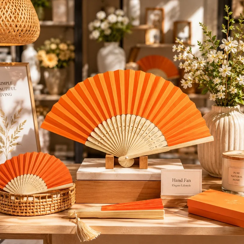 10 Pcs Mixed Orange Folding Fan Favor Kit, Portable Handheld Fan For Wedding Bridal Shower Church Party Ladies Table Decoration