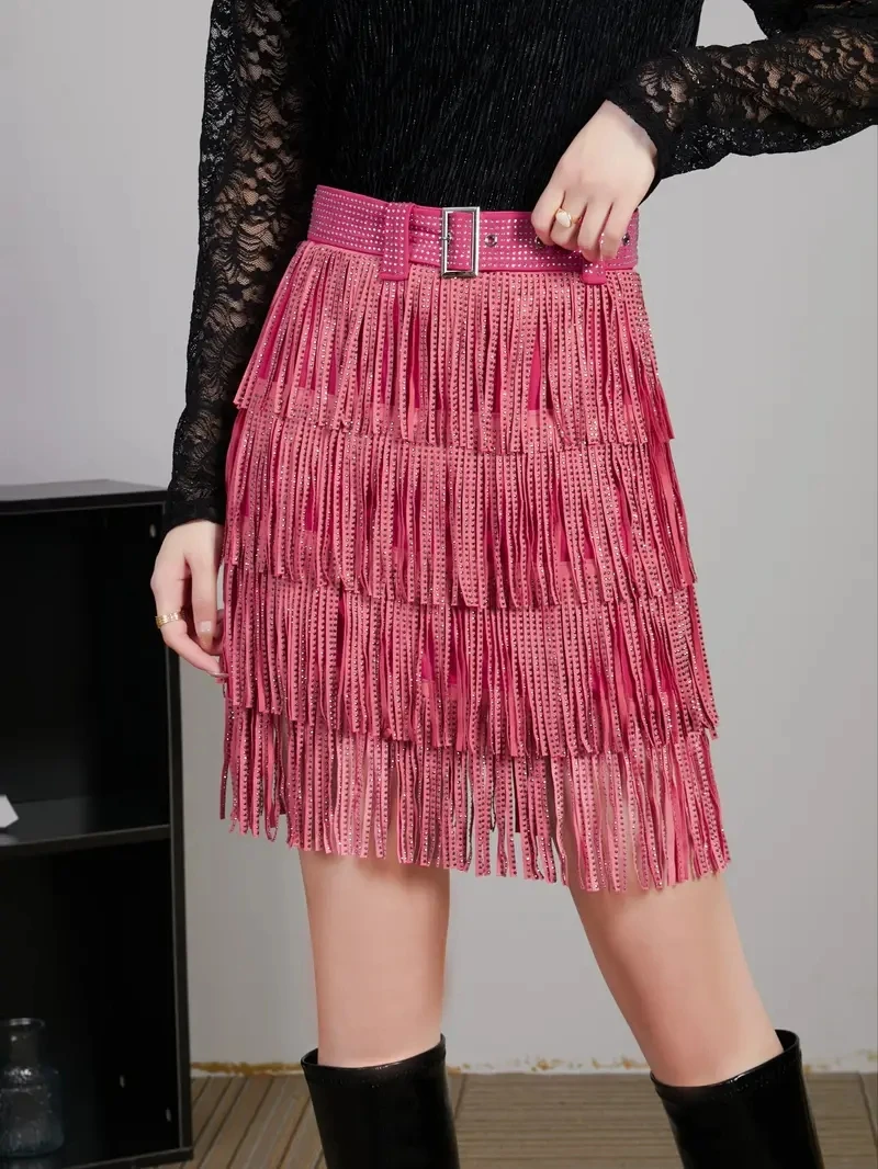 Rhinestones Multi-layer Tassel Belted Mini Skirt Casual Skirt For Spring& Summer Women\'s Clothing