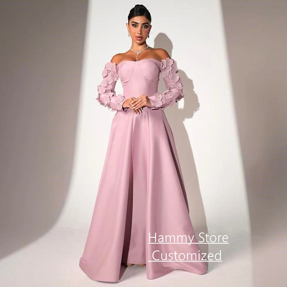 패션 꽃 이브닝 드레스 맞춤 제작 스위트하트 롱 슬리브 A라인 사우디 아라비아 파티 가운 코르셋 프롬 드레스