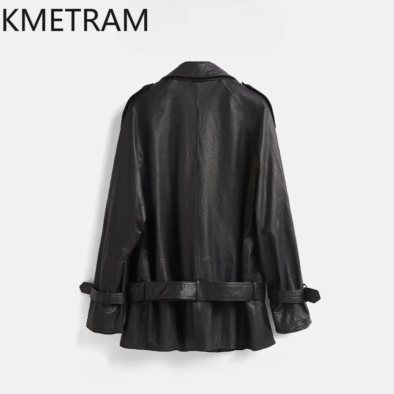 KMETRAM Genuine Leather Coat Fully Vegetable Tanned Sheepskin Black Leather Jacket Woman Belted Jacket of Woman Lapel Outwear 자켓