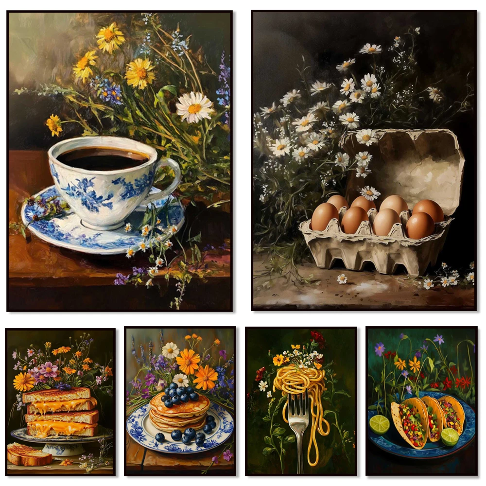 Fantastic food, fried chicken, tortillas, eggs, Easter eggs, pasta on fork, still life, floral rustic print, kitchen decor poste