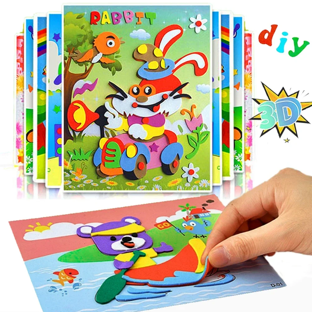 1-10pcs Kids Hand-made 3D Stickers Toys EVA Foam Stickers DIY Cartoon Animal Stickers Puzzle Game Baby Early Education Props