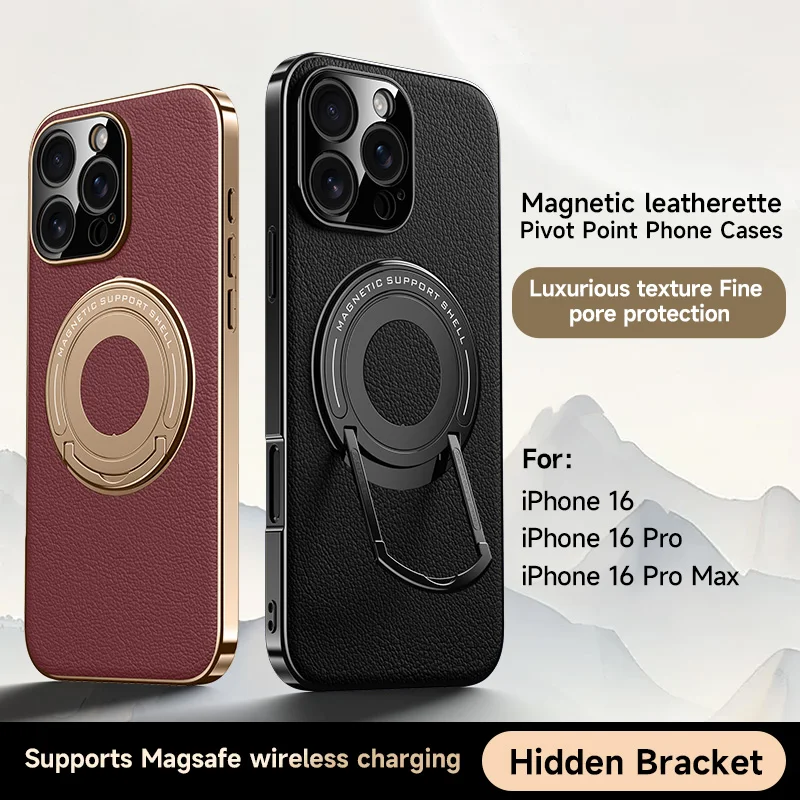 Capa de telefone de couro magnético com suporte para iphone 16 pro max 15 14 13 suporte de telefone para magsafe carga sem fio capa dura