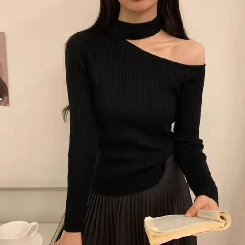 Autumn Korean Style Sweater Women Pullover Tops Off Shoulder Long Sleeve Knitted Sweaters Female Jumpers Solid Basic Sweater