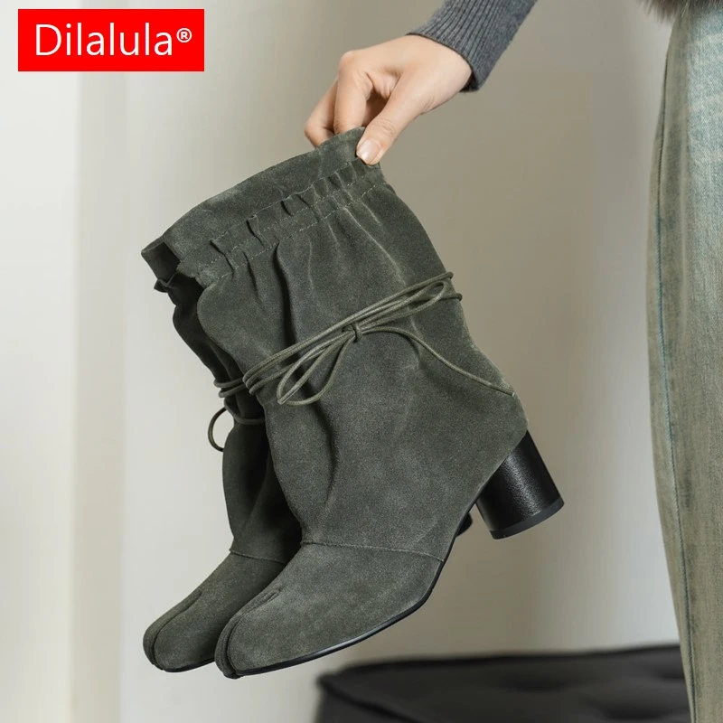 Dilalula 2027 Cow Suede Women Tabi Split Toe Mid Calf Boots Ruffled Drawstring Tie Shaft 5.5cm Heel Pull On Retro Fashion Boots