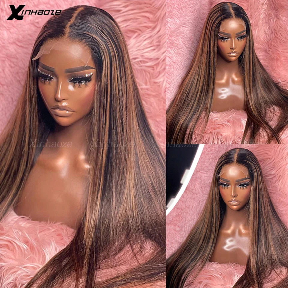 Highlight Dark Brown Wig Human Hair 13x6 Straight Lace Front Wig Brazilian 5x5 Silk Base Closure Wigs For Women Human Hair Wigs