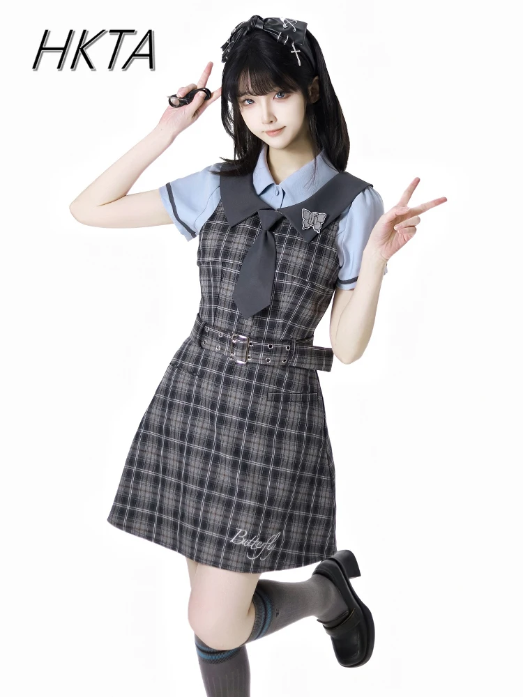 

College Style Waist Slim Summer Embroidery Blue Gray Plaid Dress Suit Women Sweet Lapel Short Sleeved Shirt Cake Short Skirt